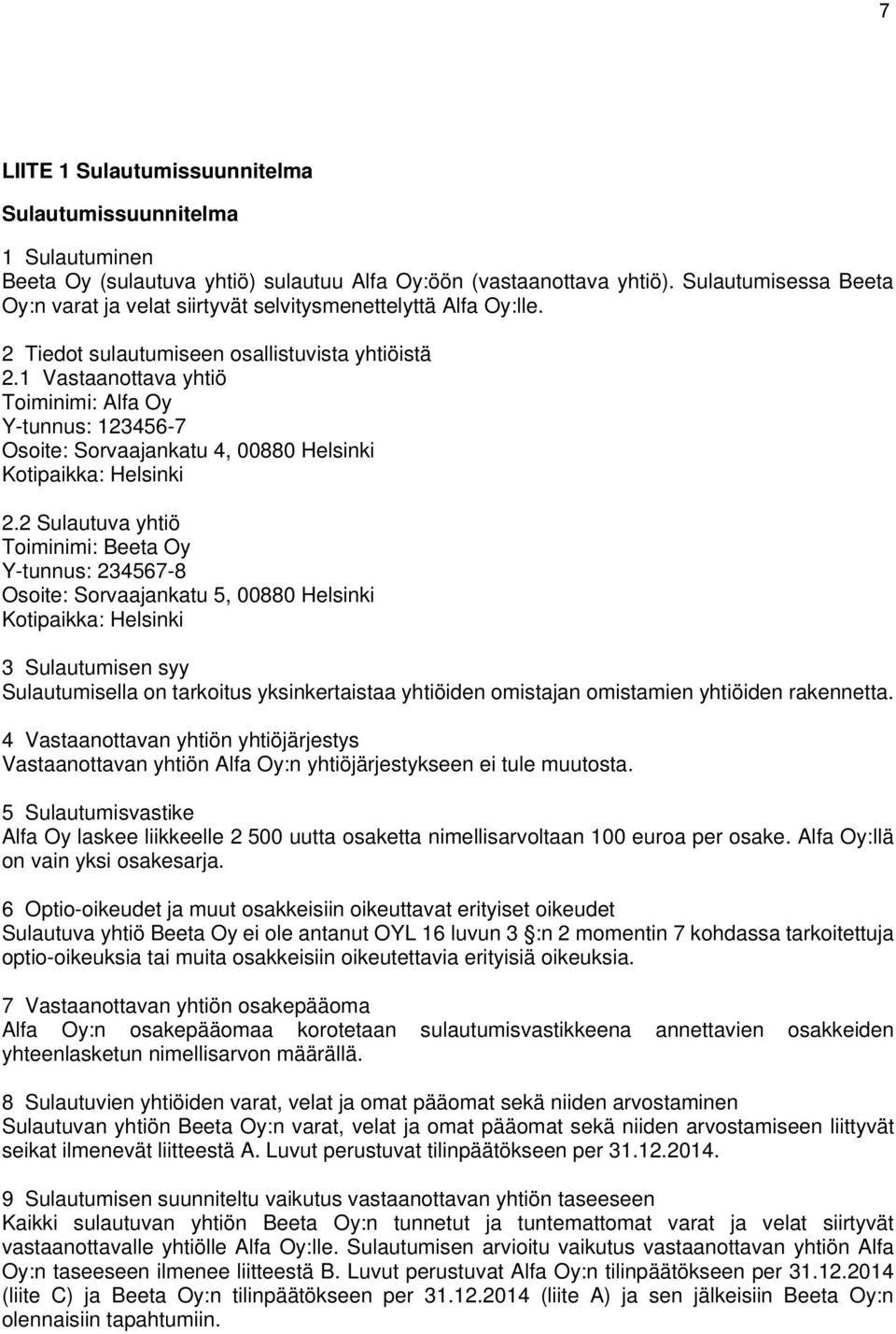 1 Vastaanottava yhtiö Toiminimi: Alfa Oy Y-tunnus: 123456-7 Osoite: Sorvaajankatu 4, 00880 Helsinki Kotipaikka: Helsinki 2.