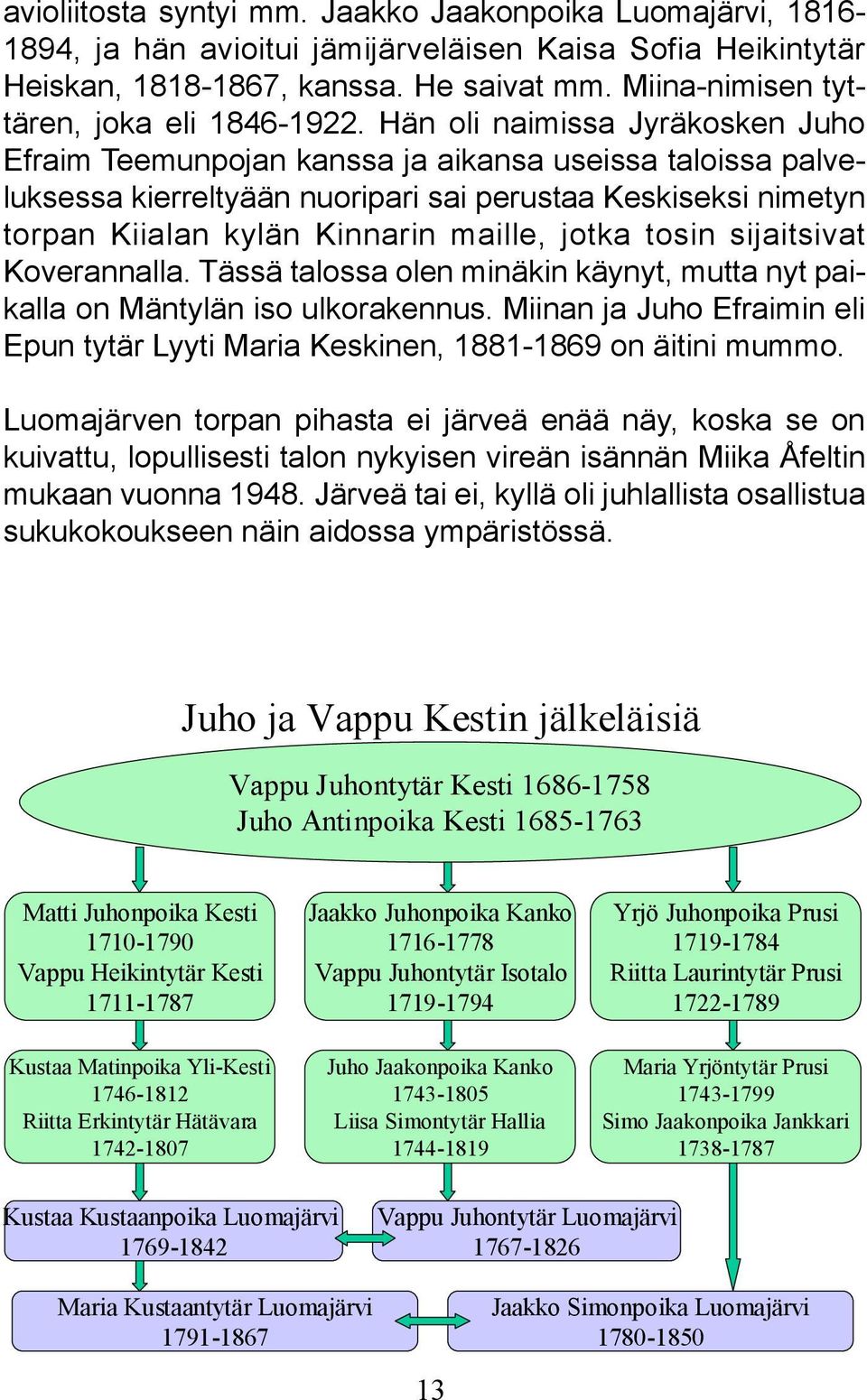 Hän oli naimissa Jyräkosken Juho Efraim Teemunpojan kanssa ja aikansa useissa taloissa palveluksessa kierreltyään nuoripari sai perustaa Keskiseksi nimetyn torpan Kiialan kylän Kinnarin maille, jotka