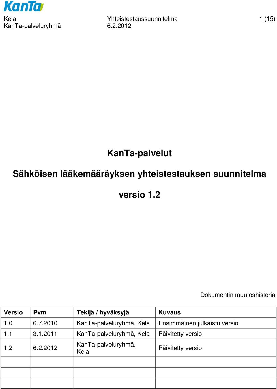 2 Dokumentin muutoshistoria Versio Pvm Tekijä / hyväksyjä Kuvaus 1.0 6.7.