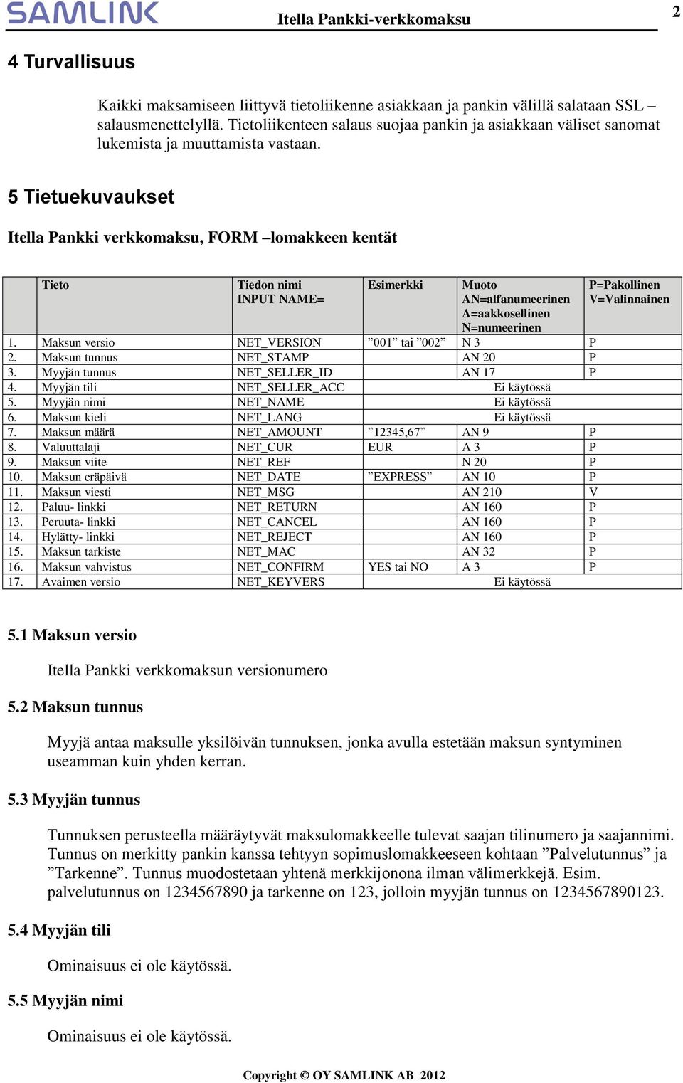 5 Tietuekuvaukset Itella Pankki verkkomaksu, FORM lomakkeen kentät Tieto Tiedon nimi INPUT NAME= Esimerkki Muoto AN=alfanumeerinen A=aakkosellinen N=numeerinen 1.