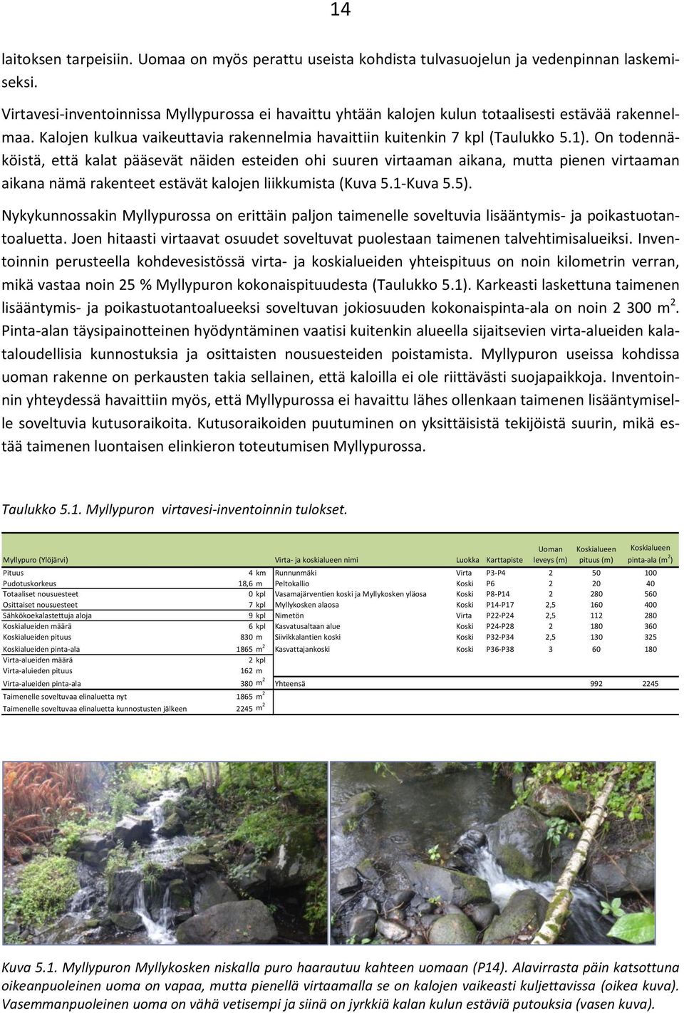 On todennäköistä, että kalat pääsevät näiden esteiden ohi suuren virtaaman aikana, mutta pienen virtaaman aikana nämä rakenteet estävät kalojen liikkumista (Kuva 5.1-Kuva 5.5).