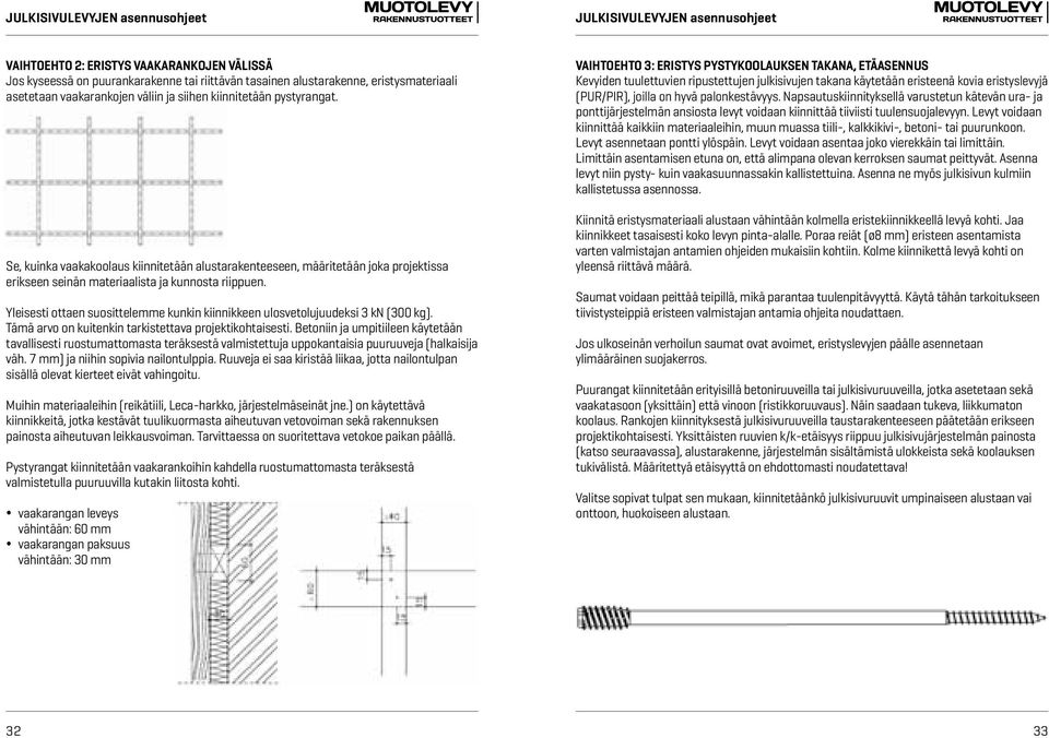 Yleisesti ottaen suosittelemme kunkin kiinnikkeen ulosvetolujuudeksi 3 kn (300 kg). Tämä arvo on kuitenkin tarkistettava projektikohtaisesti.