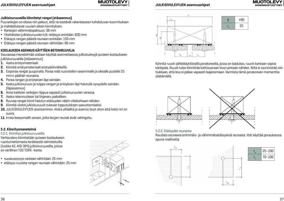 ASENNUS KÄYTTÄEN BETONIRUUVEJA Seuraavaa menetelmää voidaan käyttää asennettaessa julkisivulevyjä puiseen koolaukseen julkisivuruuveilla (etäasennus). 1. Aseta eristysmateriaali. 2.