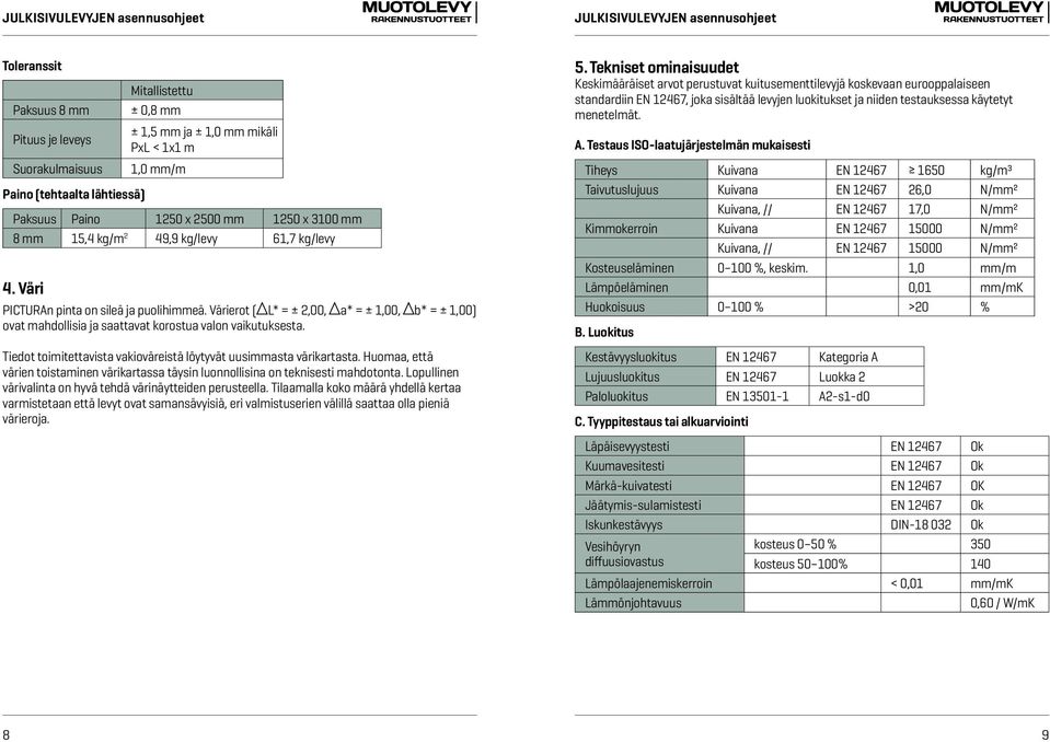 Värierot ( L* = ± 2,00, a* = ± 1,00, b* = ± 1,00) ovat mahdollisia ja saattavat korostua valon vaikutuksesta. Tiedot toimitettavista vakioväreistä löytyvät uusimmasta värikartasta.