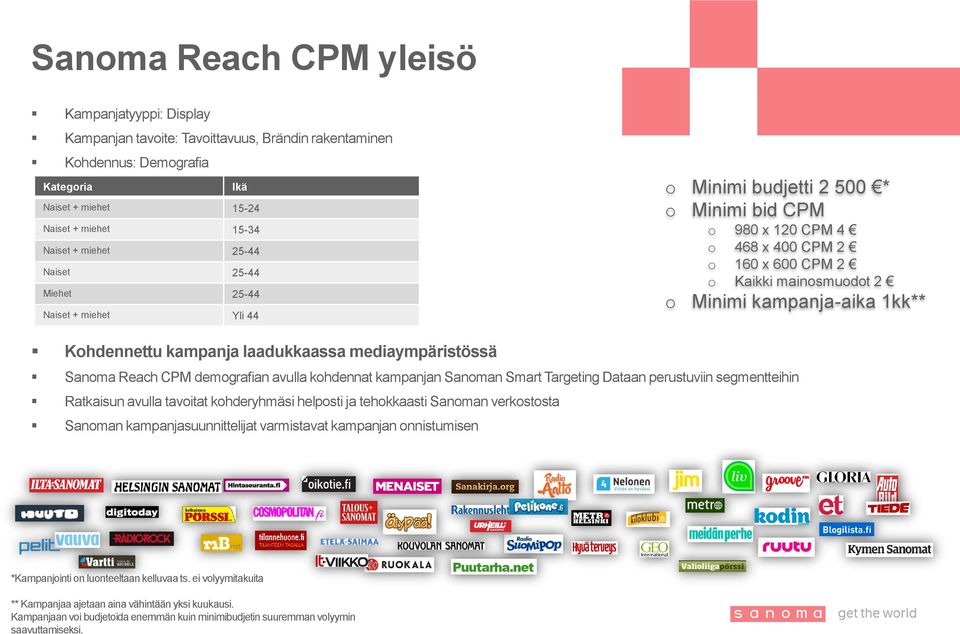 2 o 160 x 600 CPM 2 o Kaikki mainosmuodot 2 Kohdennettu kampanja laadukkaassa mediaympäristössä Sanoma Reach CPM demografian avulla kohdennat