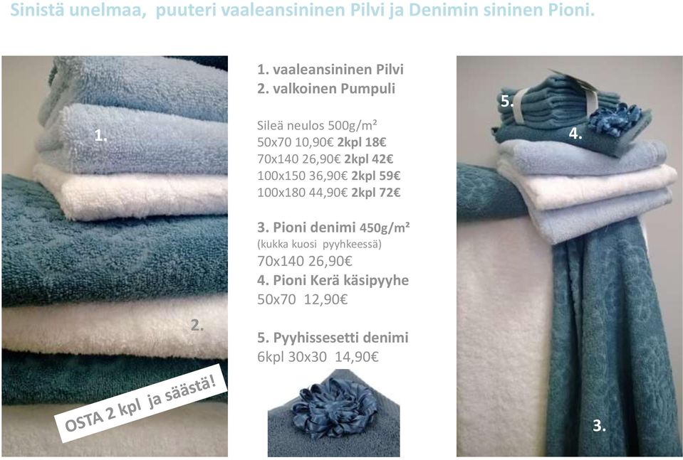 valkoinen Pumpuli Sileä neulos 500g/m² 50x70 10,90 2kpl 18 70x140 26,90 2kpl 42 100x150 36,90