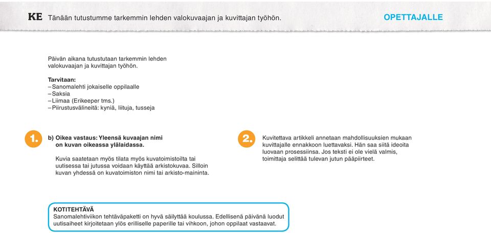 b) Oikea vastaus: Yleensä kuvaajan nimi Kuvitettava artikkeli annetaan mahdollisuuksien mukaan on kuvan oikeassa ylälaidassa. kuvittajalle ennakkoon luettavaksi.