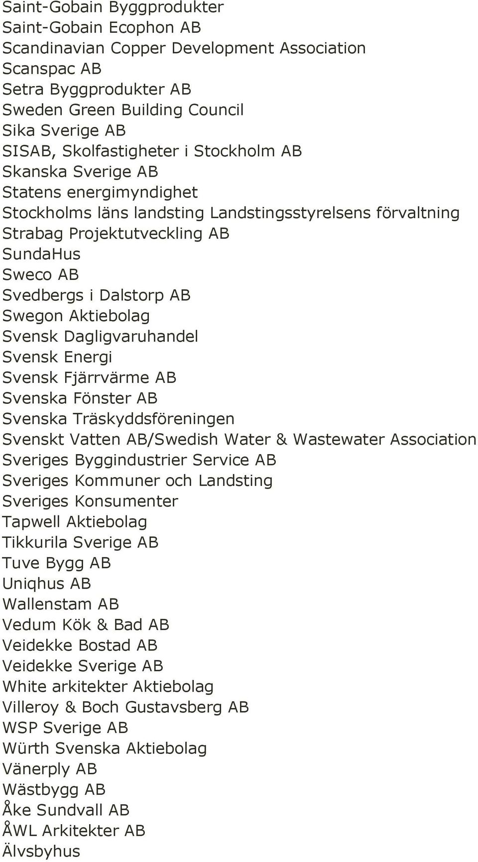 Aktiebolag Svensk Dagligvaruhandel Svensk Energi Svensk Fjärrvärme AB Svenska Fönster AB Svenska Träskyddsföreningen Svenskt Vatten AB/Swedish Water & Wastewater Association Sveriges Byggindustrier