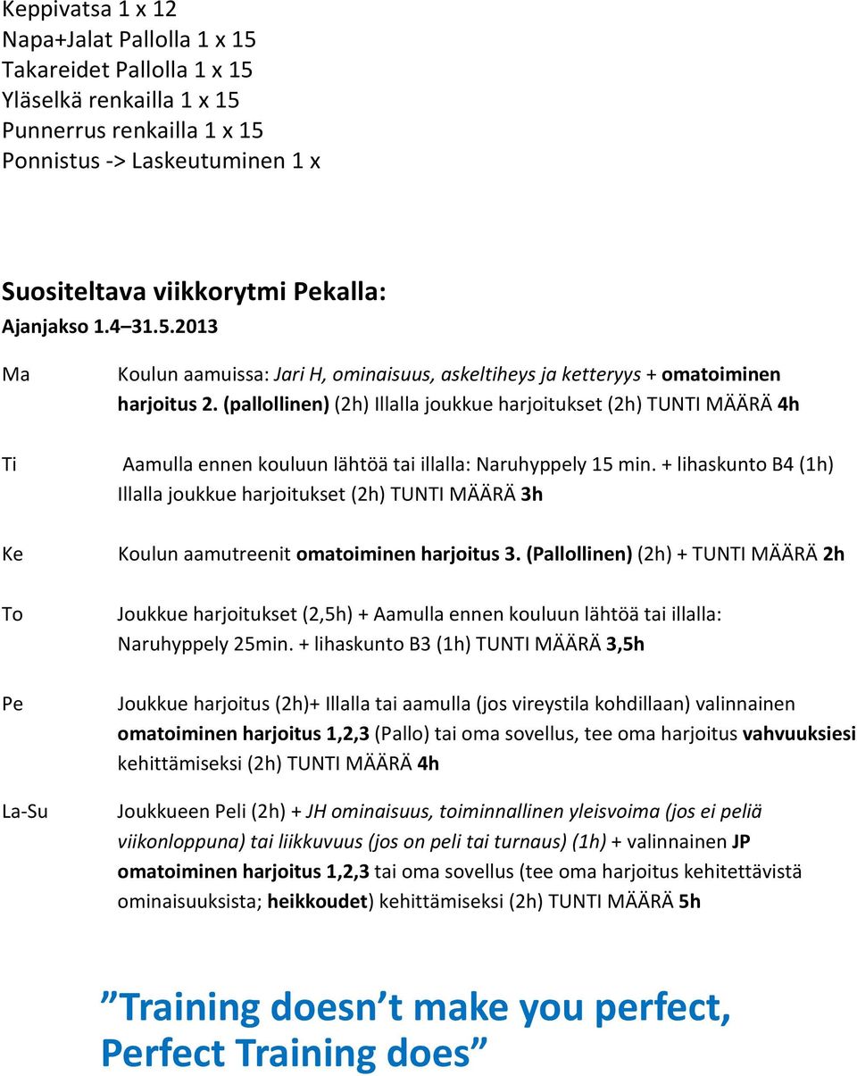 (pallollinen) (2h) Illalla joukkue harjoitukset (2h) TUNTI MÄÄRÄ 4h Ti Aamulla ennen kouluun lähtöä tai illalla: Naruhyppely 15 min.