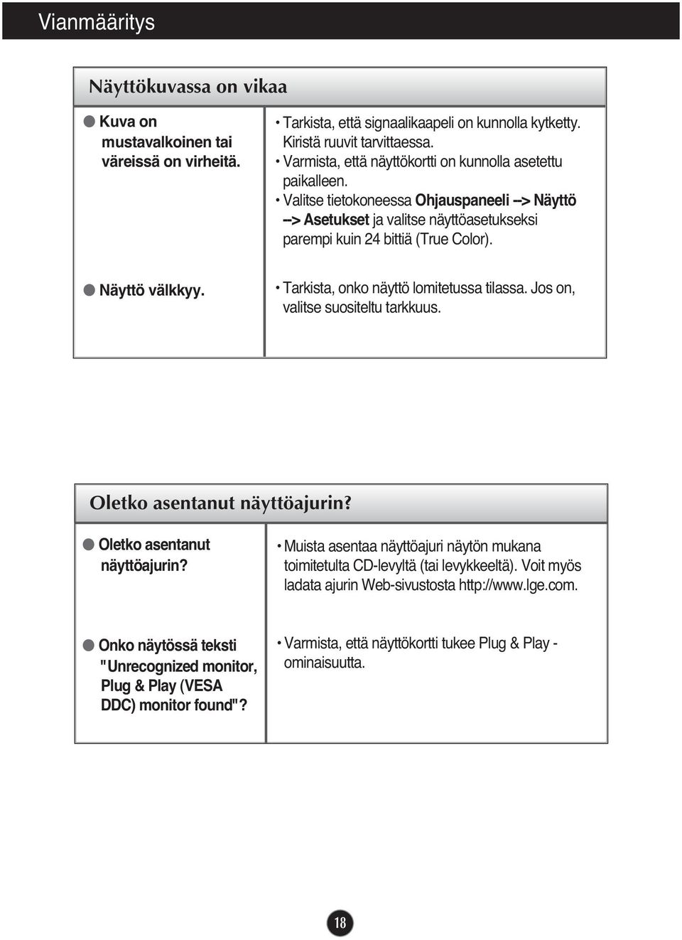 Näyttö välkkyy. Tarkista, onko näyttö lomitetussa tilassa. Jos on, valitse suositeltu tarkkuus. Oletko asentanut näyttöajurin?