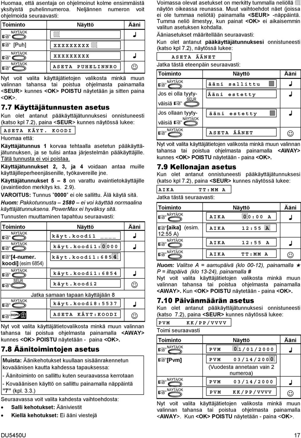 <SEUR> kunnes <OK> POISTU näytetään ja sitten paina <OK>. 7.7 Käyttäjätunnusten asetus Kun olet antanut pääkäyttäjätunnuksesi onnistuneesti (katso kpl 7.