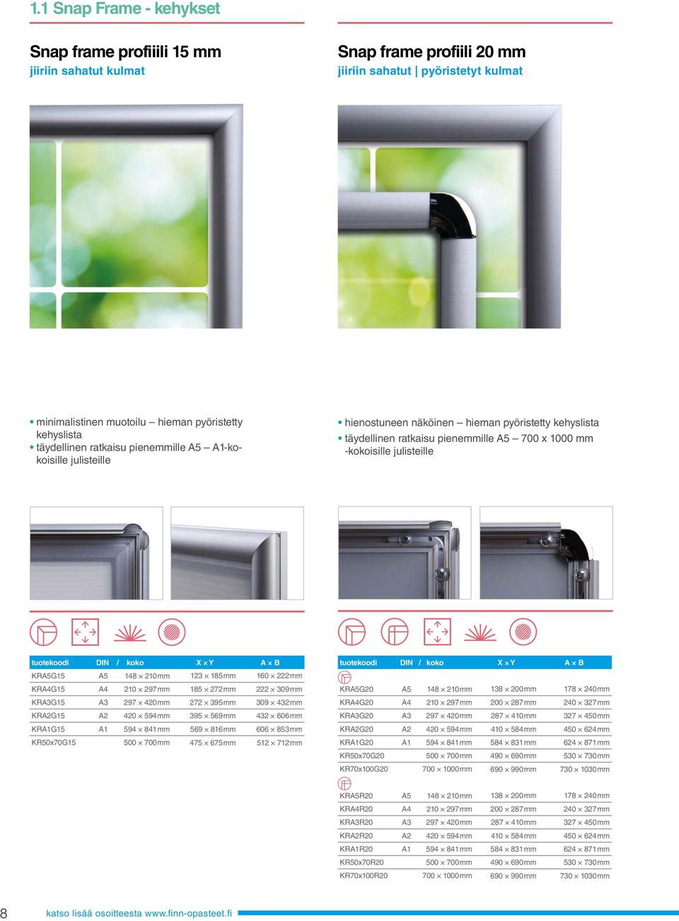 DIN / koko X Y A B KRA5G15 A5 148 210 mm 123 185 mm 160 222 mm KRA4G15 A4 210 297 mm 185 272 mm 222 309 mm KRA3G15 A3 297 420 mm 272 395 mm 309 432 mm KRA2G15 A2 420 594 mm 395 569 mm 432 606 mm