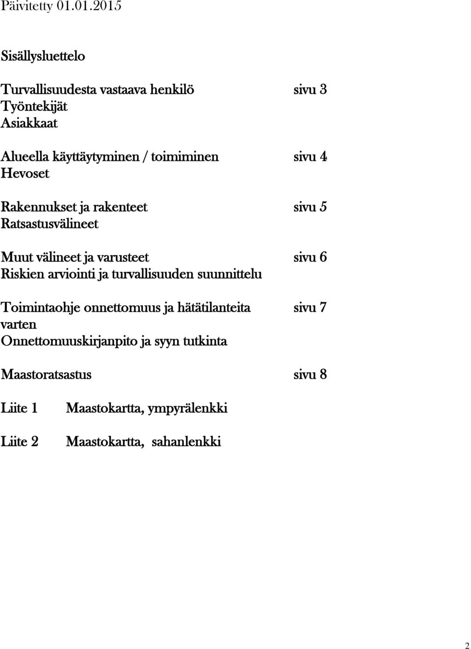 toimiminen sivu 4 Hevoset Rakennukset ja rakenteet sivu 5 Ratsastusvälineet Muut välineet ja varusteet sivu 6 Riskien