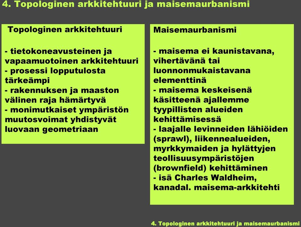 tai luonnonmukaistavana elementtinä - maisema keskeisenä käsitteenä ajallemme tyypillisten alueiden kehittämisessä - laajalle levinneiden lähiöiden (sprawl),