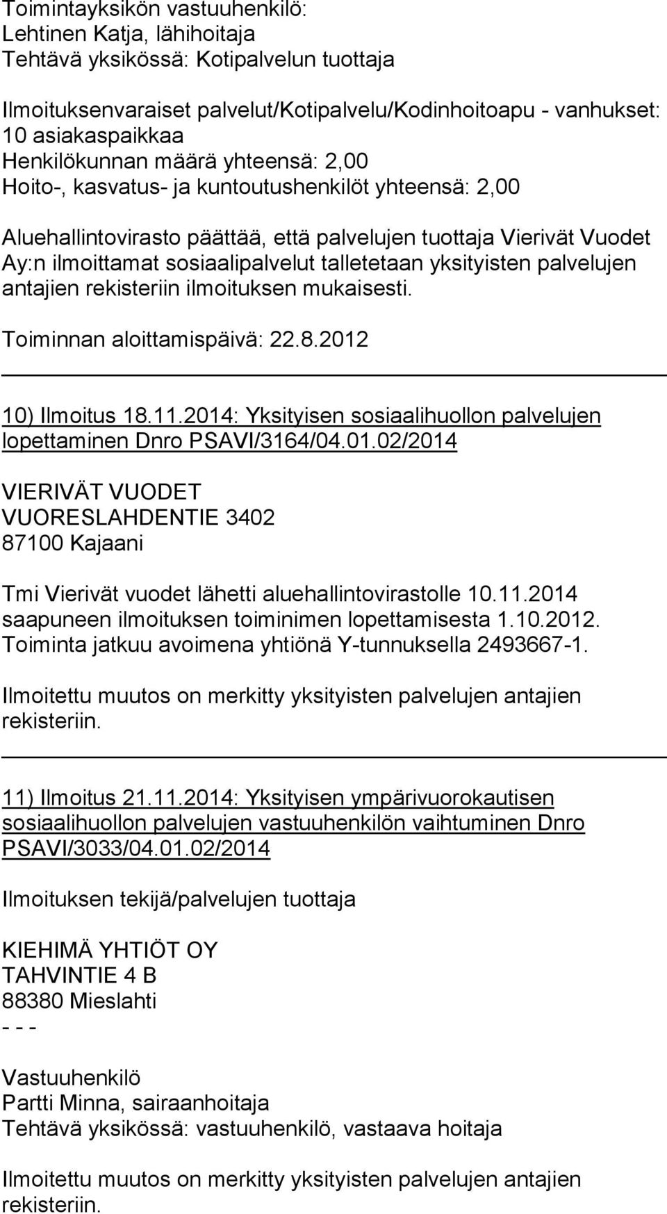 yksityisten palvelujen antajien rekisteriin ilmoituksen mukaisesti. Toiminnan aloittamispäivä: 22.8.2012 10) Ilmoitus 18.11.2014: Yksityisen sosiaalihuollon palvelujen lopettaminen Dnro PSAVI/3164/04.