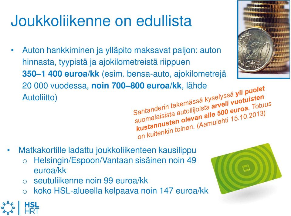 bensa-auto, ajokilometrejä 20 000 vuodessa, noin 700 800 euroa/kk, lähde Autoliitto) Matkakortille