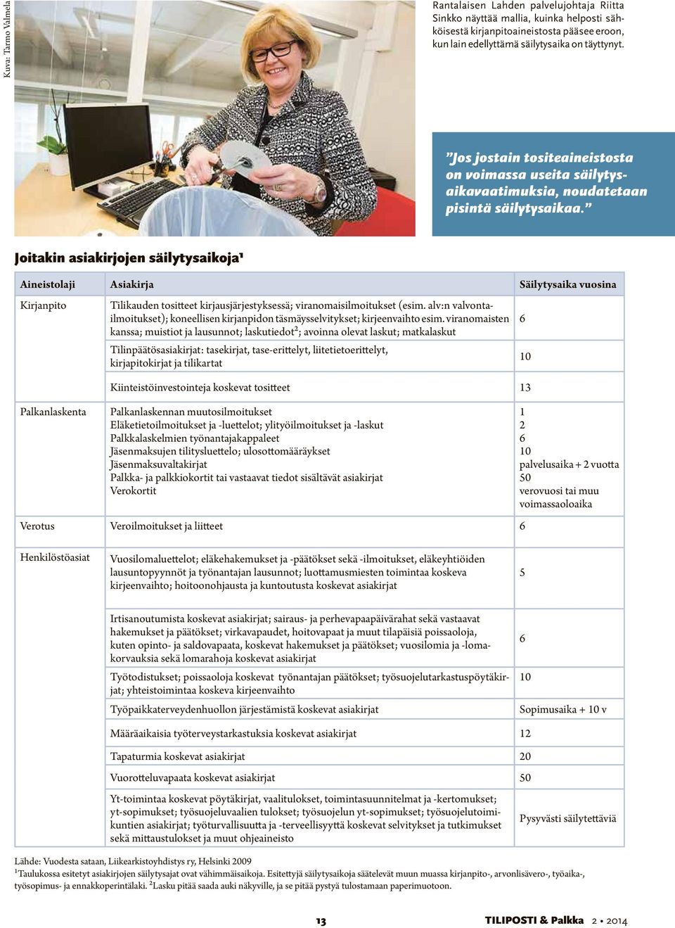 Joitakin asiakirjojen säilytysaikoja¹ Aineistolaji Asiakirja Säilytysaika vuosina Kirjanpito Palkanlaskenta Tilikauden tositteet kirjausjärjestyksessä; viranomaisilmoitukset (esim.