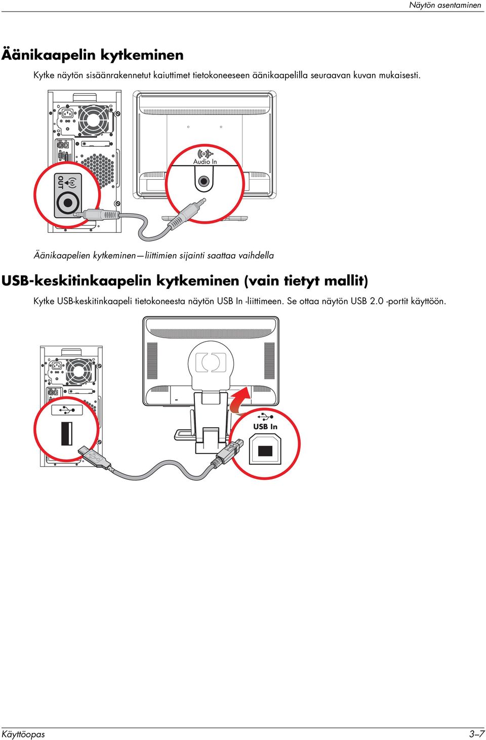 Äänikaapelien kytkeminen liittimien sijainti saattaa vaihdella USB-keskitinkaapelin kytkeminen