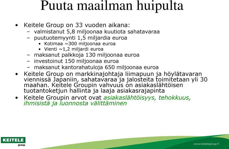 Keitele Group on markkinajohtaja liimapuun ja höylätavaran viennissä Japaniin, sahatavaraa ja jalosteita toimitetaan yli 30 maahan.