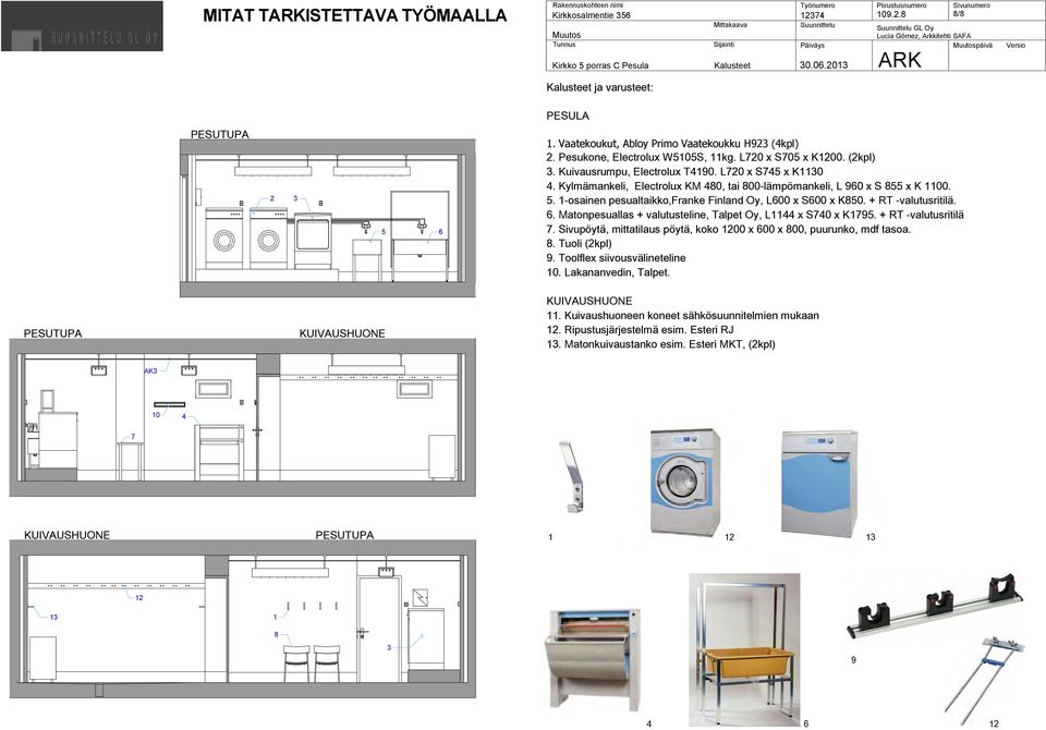 . 1-osainen pesualtaikko,franke Finland Oy, L600 x S600 x K80. + RT -valutusritilä. 6. Matonpesuallas + valutusteline, Talpet Oy, L11 x S0 x K1. + RT -valutusritilä. Sivupöytä, mittatilaus pöytä, koko 1200 x 600 x 800, puurunko, mdf tasoa.