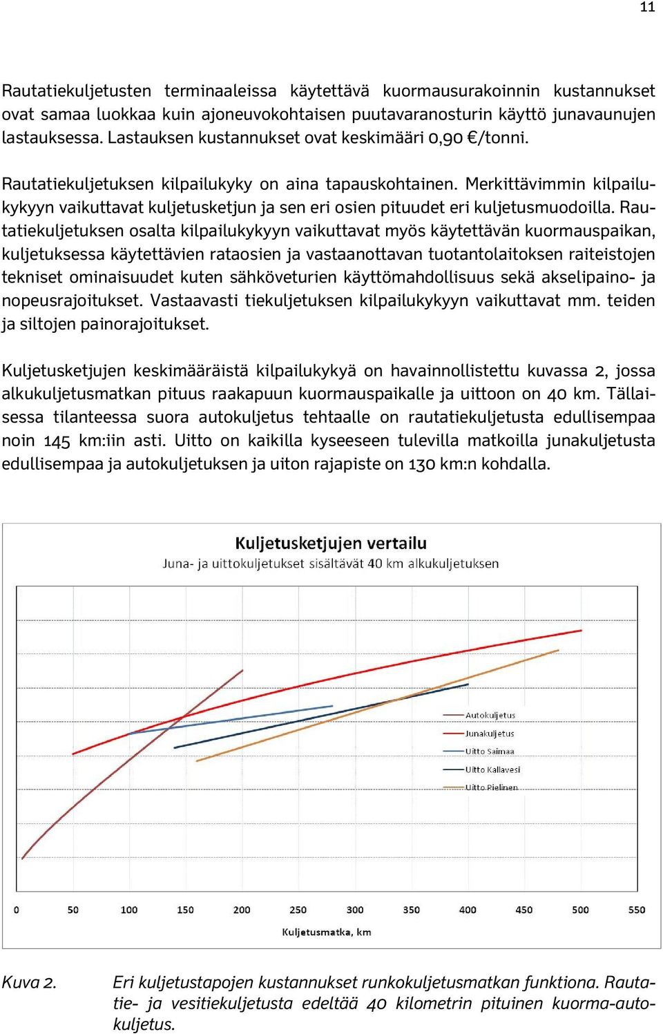 Merkittävimmin kilpailukykyyn vaikuttavat kuljetusketjun ja sen eri osien pituudet eri kuljetusmuodoilla.
