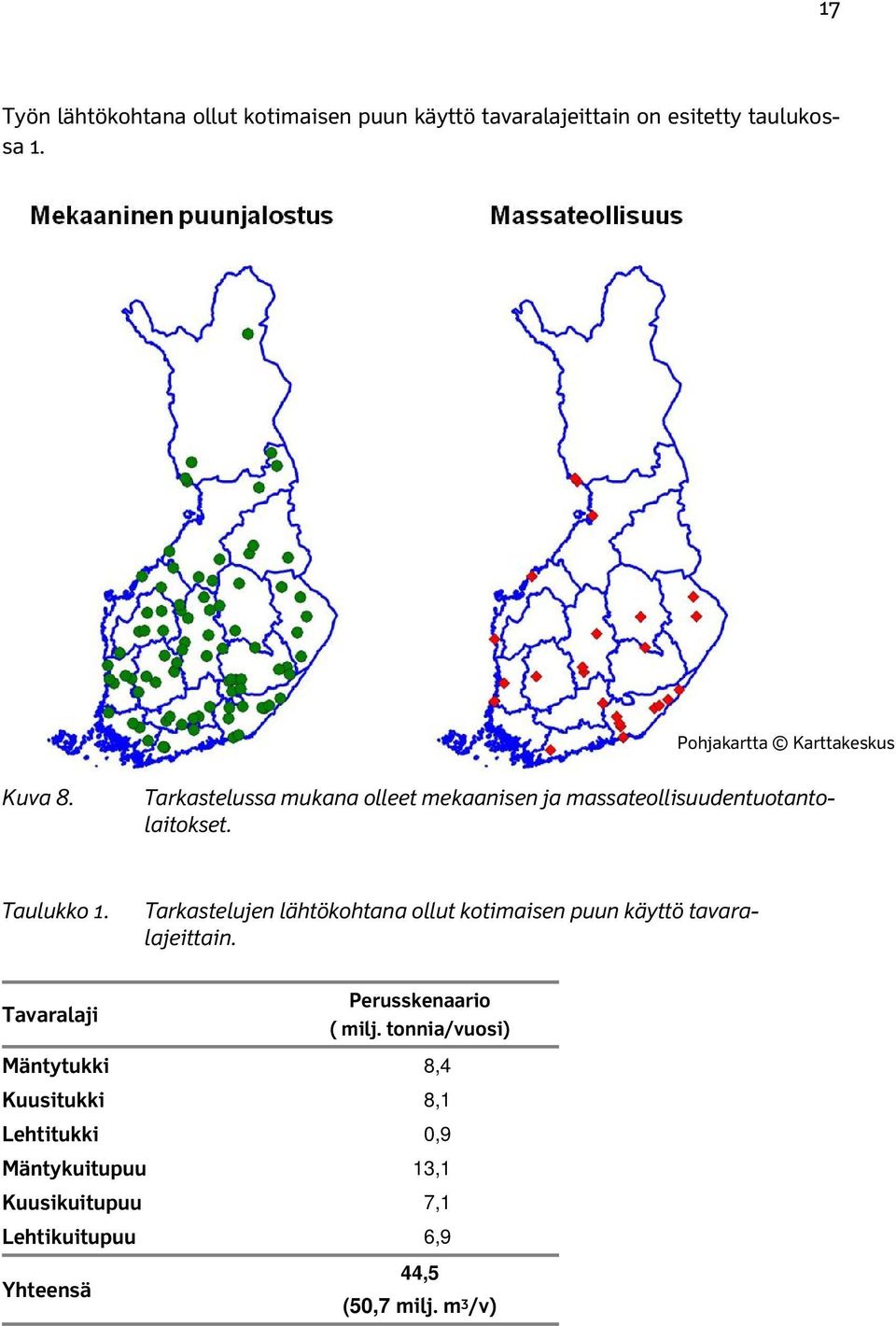 Taulukko 1. Tarkastelujen lähtökohtana ollut kotimaisen puun käyttö tavaralajeittain.