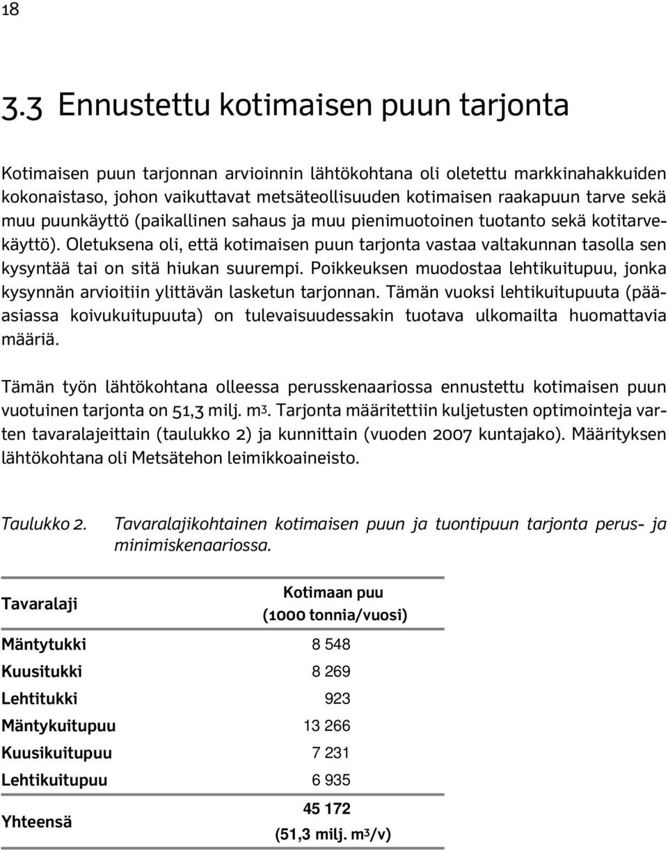 Oletuksena oli, että kotimaisen puun tarjonta vastaa valtakunnan tasolla sen kysyntää tai on sitä hiukan suurempi.