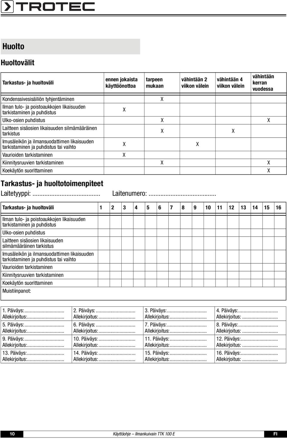 ilmansuodattimen likaisuuden tarkistaminen ja puhdistus tai vaihto X X Vaurioiden tarkistaminen X Kiinnitysruuvien tarkistaminen X X Koekäytön suorittaminen X Tarkastus- ja huoltotoimenpiteet