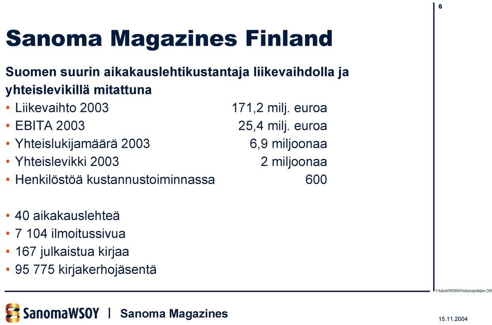 euroa Yhteislukijamäärä 2003 6,9 miljoonaa Yhteislevikki 2003 2 miljoonaa Henkilöstöä