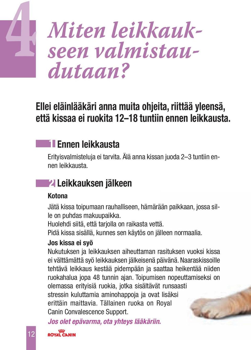 Huolehdi siitä, että tarjolla on raikasta vettä. Pidä kissa sisällä, kunnes sen käytös on jälleen normaalia.