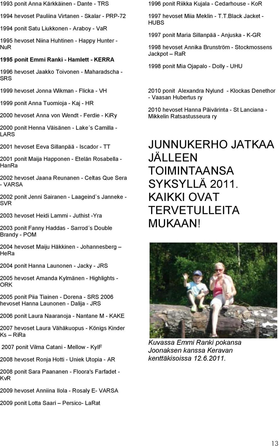 ponit Henna Väisänen - Lake s Camilla - LARS 2001 hevoset Eeva Sillanpää - Iscador - TT 2001 ponit Maija Happonen - Etelän Rosabella - HanRa 2002 hevoset Jaana Reunanen - Celtas Que Sera - VARSA 2002