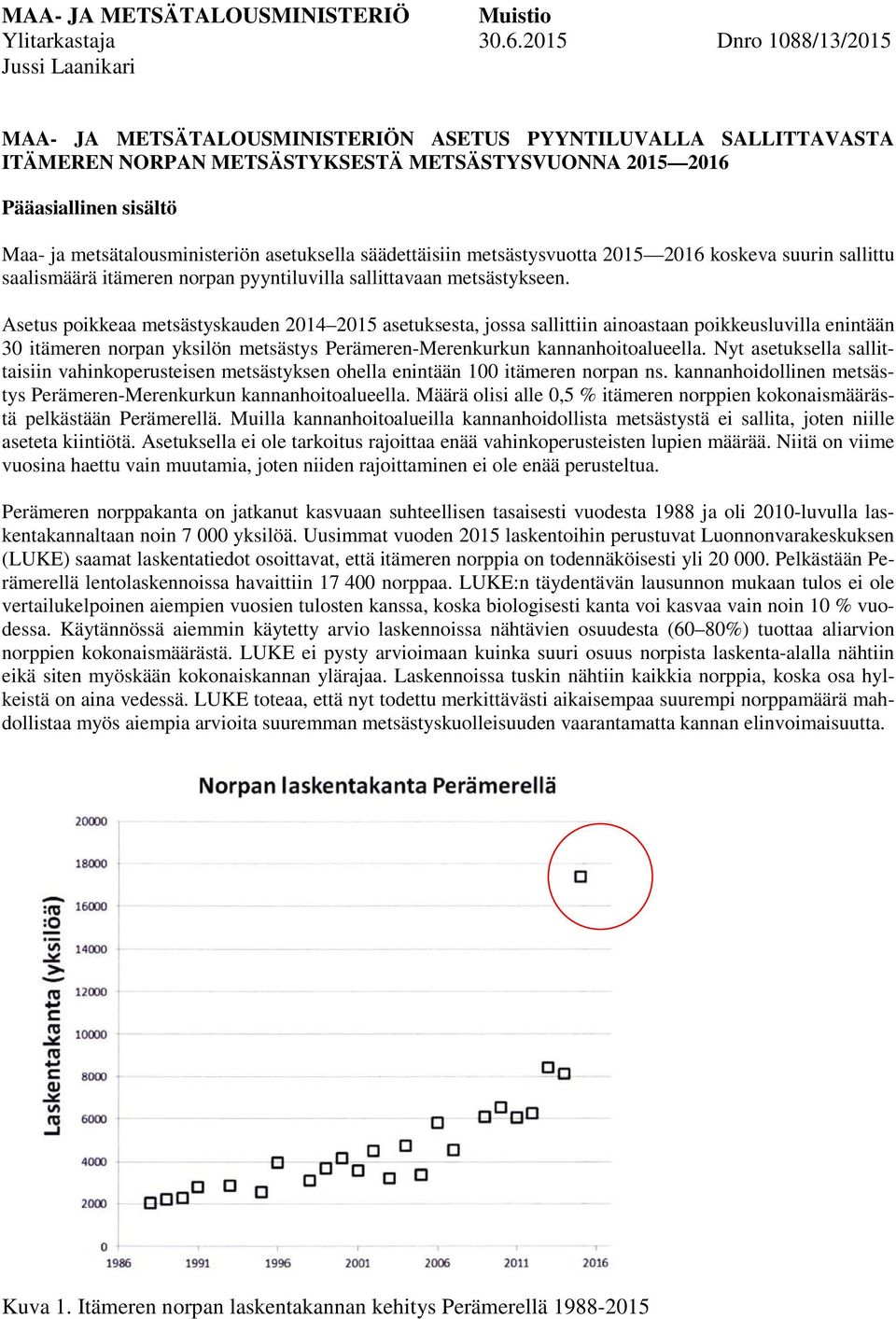 metsätalousministeriön asetuksella säädettäisiin metsästysvuotta 2015 2016 koskeva suurin sallittu saalismäärä itämeren norpan pyyntiluvilla sallittavaan metsästykseen.