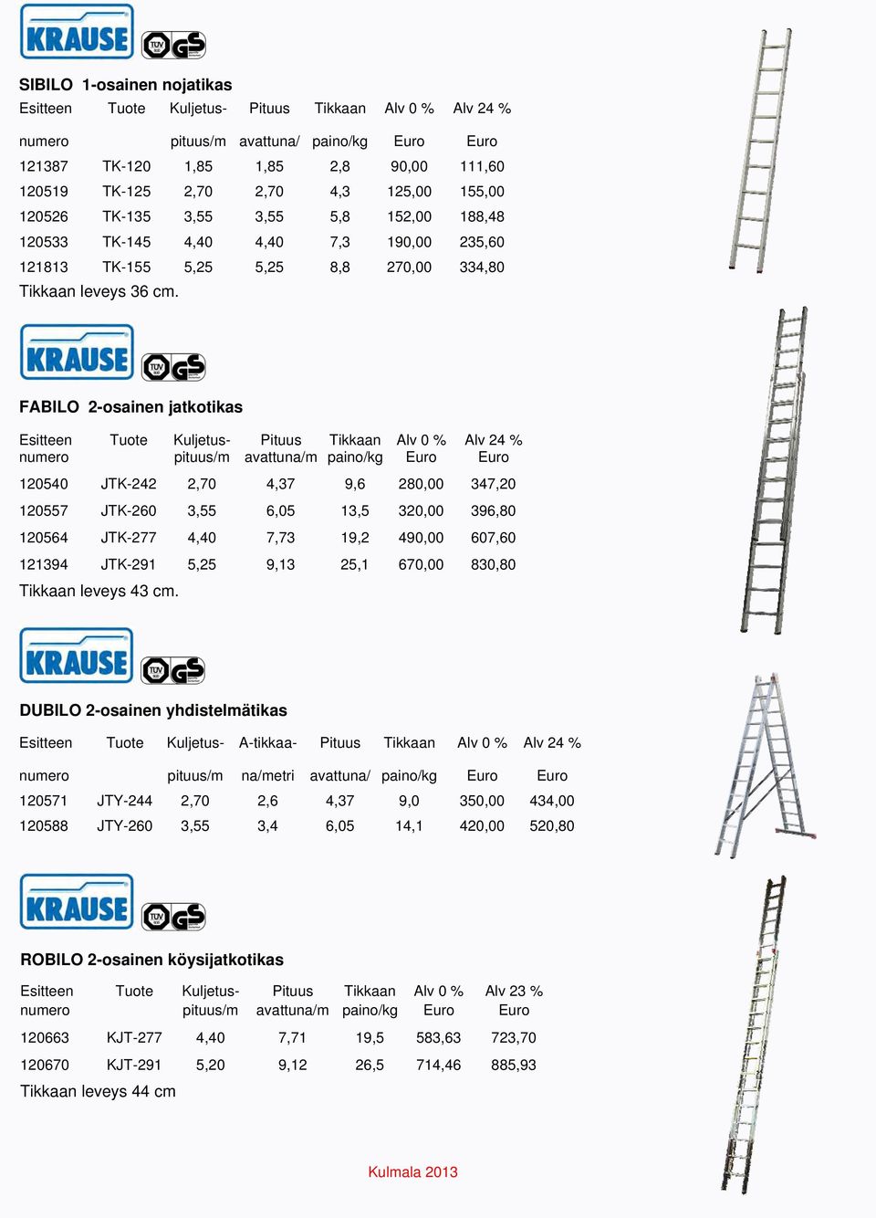 FABILO 2-osainen jatkotikas Esitteen Tuote Kuljetus- Pituus Tikkaan Alv 0 % Alv 24 % numero pituus/m avattuna/m paino/kg Euro Euro 120540 JTK-242 2,70 4,37 9,6 280,00 347,20 120557 JTK-260 3,55 6,05