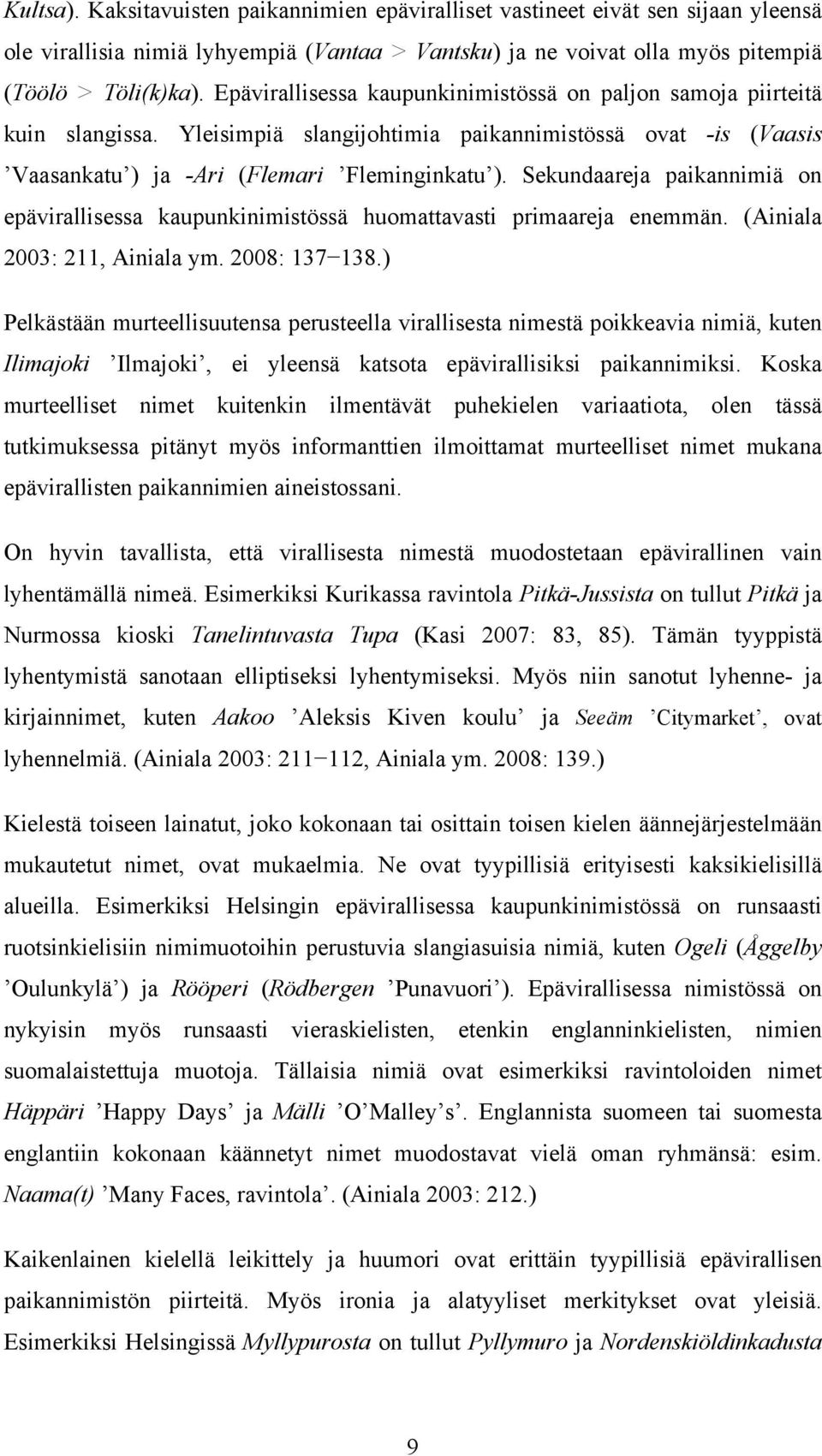Sekundaareja paikannimiä on epävirallisessa kaupunkinimistössä huomattavasti primaareja enemmän. (Ainiala 2003: 211, Ainiala ym. 2008: 137 138.