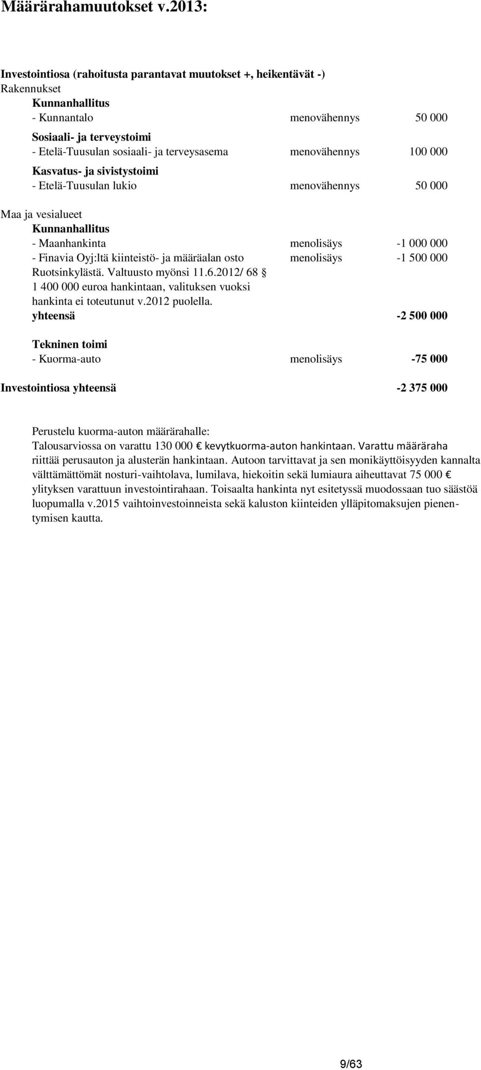 terveysasema menovähennys 100 000 Kasvatus- ja sivistystoimi - Etelä-Tuusulan lukio menovähennys 50 000 Maa ja vesialueet Kunnanhallitus - Maanhankinta menolisäys -1 000 000 - Finavia Oyj:ltä
