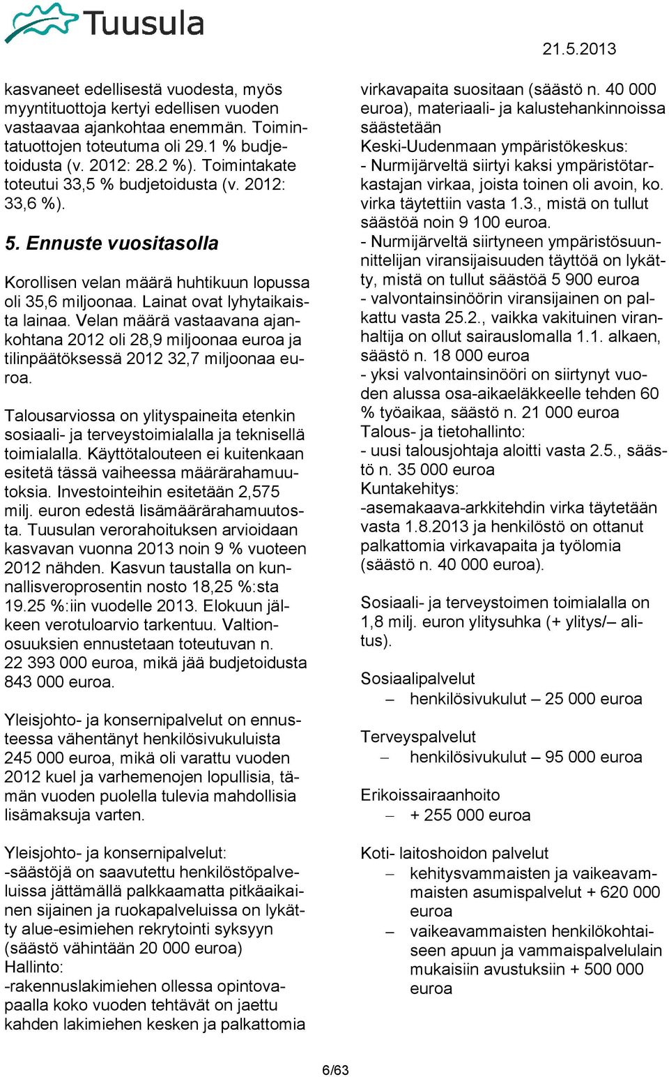 Velan määrä vastaavana ajankohtana 2012 oli 28,9 miljoonaa euroa ja tilinpäätöksessä 2012 32,7 miljoonaa euroa.