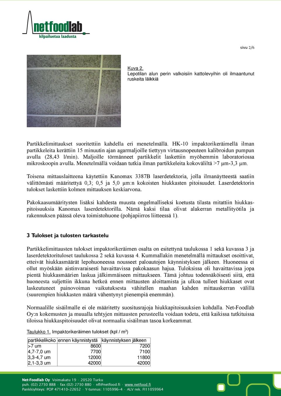 Maljoille törmänneet partikkelit laskettiin myöhemmin laboratoriossa mikroskoopin avulla. Menetelmällä voidaan tutkia ilman partikkeleita kokoväliltä >7 µm-3,3 µm.