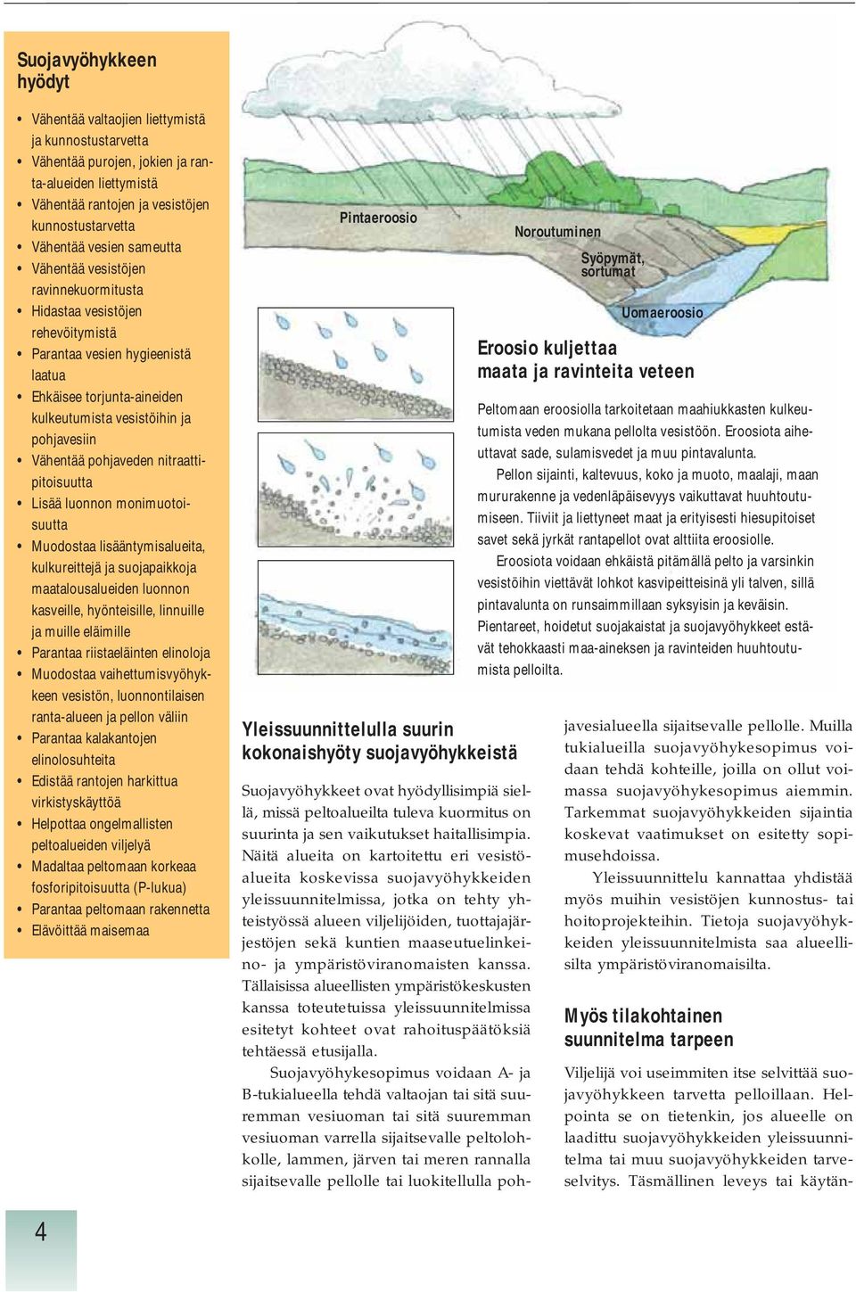 pohjaveden nitraattipitoisuutta Lisää luonnon monimuotoisuutta Muodostaa lisääntymisalueita, kulkureittejä ja suojapaikkoja maatalousalueiden luonnon kasveille, hyönteisille, linnuille ja muille