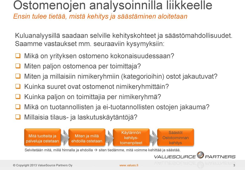 Kuinka suuret ovat ostomenot nimikeryhmittäin? Kuinka paljon on toimittajia per nimikeryhmä? Mikä on tuotannollisten ja ei-tuotannollisten ostojen jakauma? Millaisia tilaus- ja laskutuskäytäntöjä?
