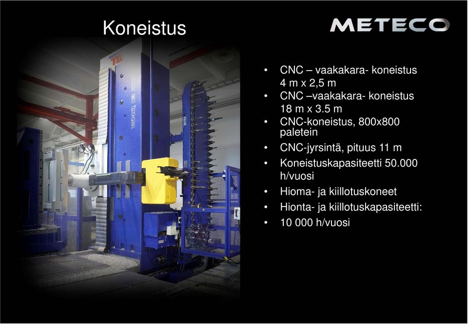 5 m CNC-koneistus, 800x800 paletein CNC-jyrsintä, pituus 11 m