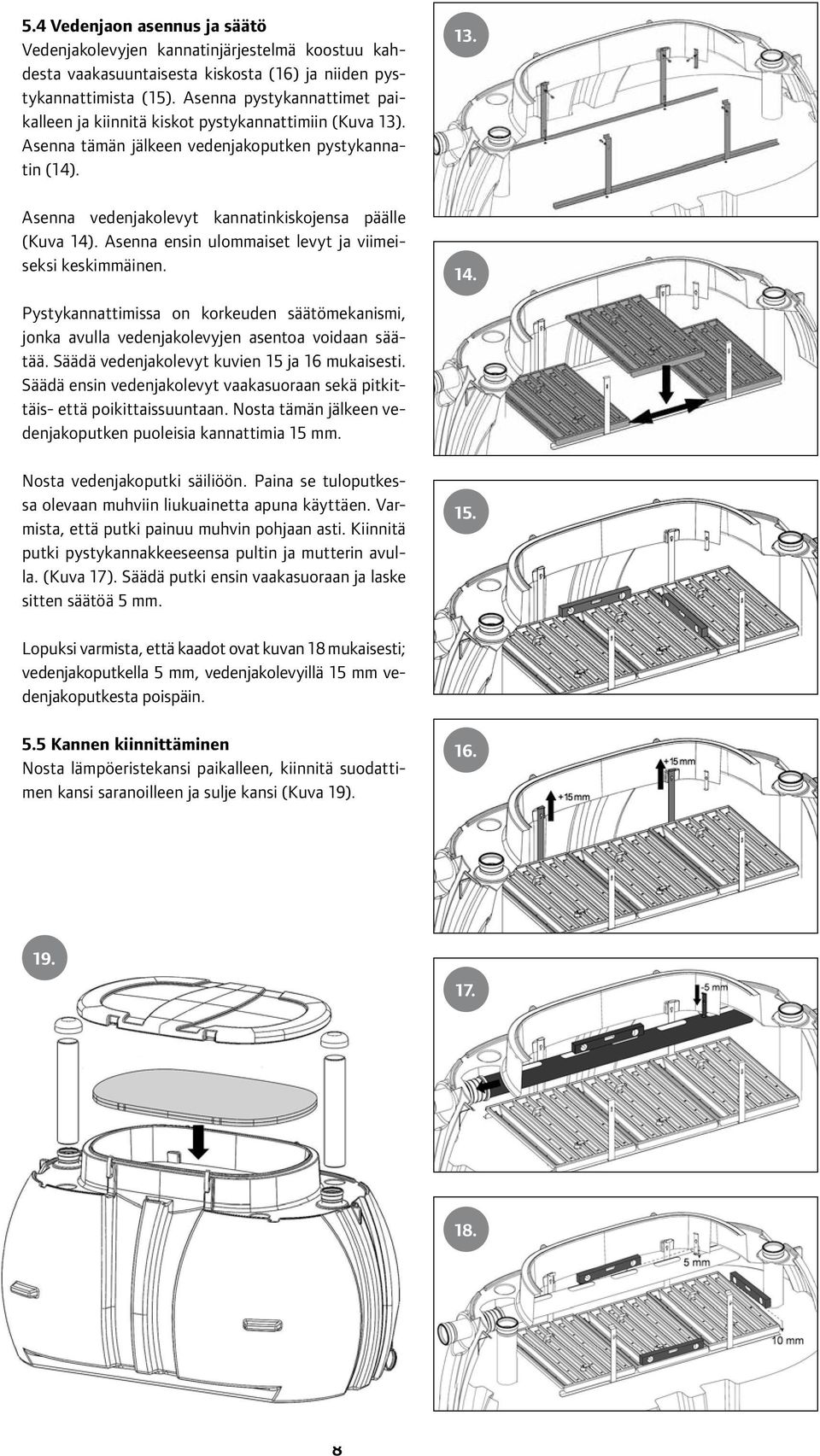 Asenna ensin ulommaiset levyt ja viimeiseksi keskimmäinen. 13. 14. Pystykannattimissa on korkeuden säätömekanismi, jonka avulla vedenjakolevyjen asentoa voidaan säätää.