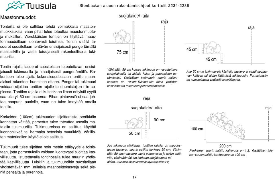 Tontin sisällä tasoerot suositellaan tehtävän ensisijaisesti pengertämällä maaluiskilla ja vasta toissijaisesti rakenteellisella tukimuurilla.