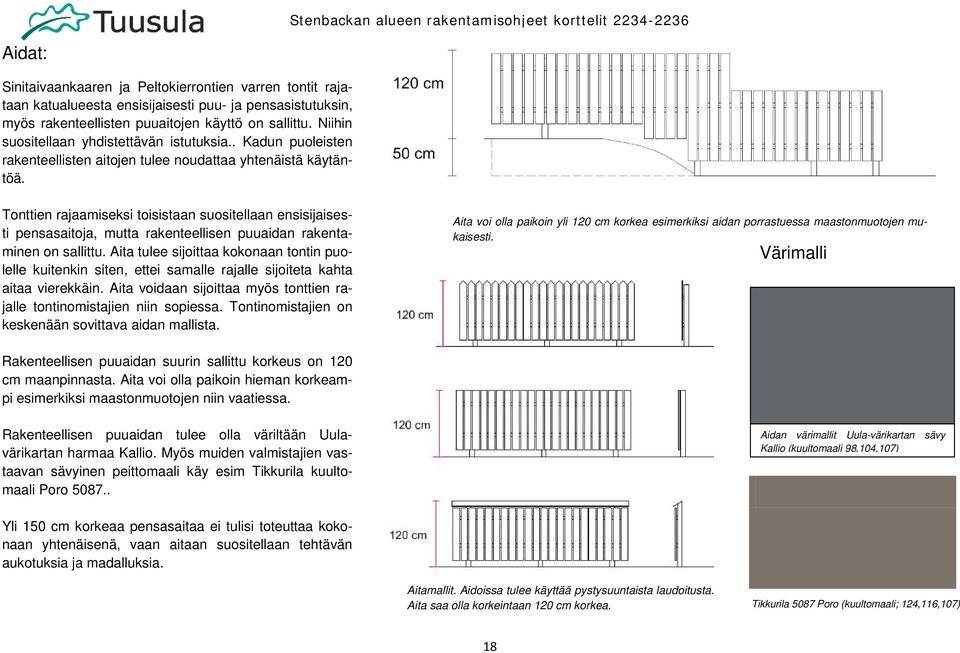 Tonttien rajaamiseksi toisistaan suositellaan ensisijaisesti pensasaitoja, mutta rakenteellisen puuaidan rakentaminen on sallittu.