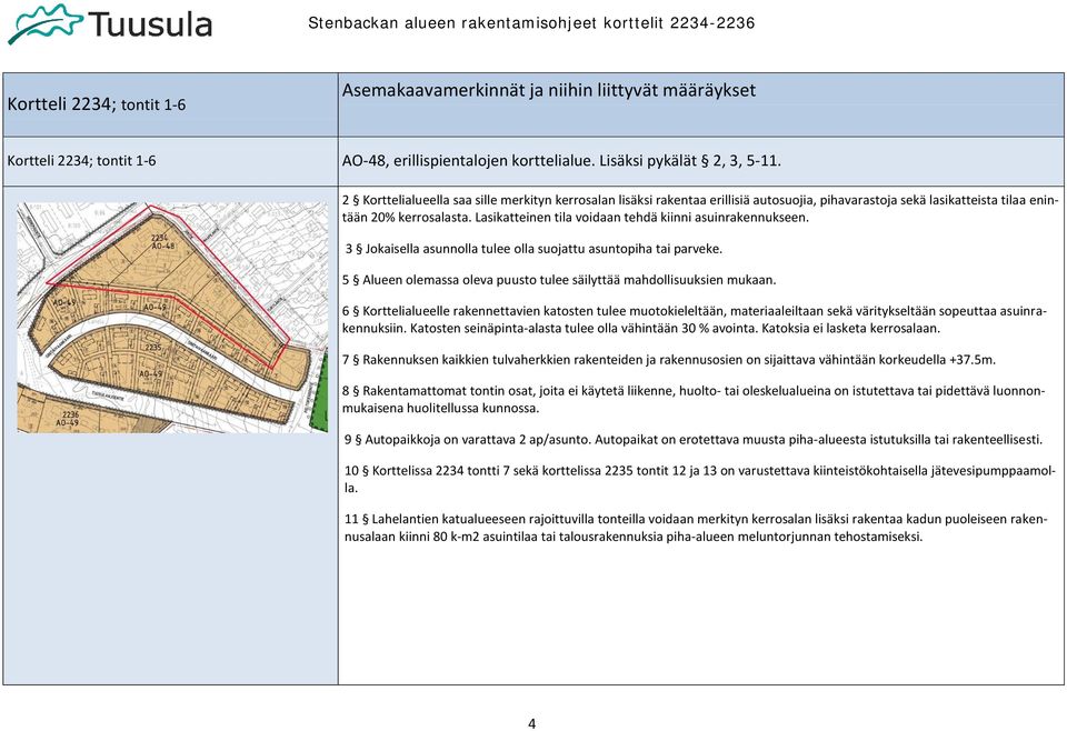 Lasikatteinen tila voidaan tehdä kiinni asuinrakennukseen. 3 Jokaisella asunnolla tulee olla suojattu asuntopiha tai parveke. 5 Alueen olemassa oleva puusto tulee säilyttää mahdollisuuksien mukaan.