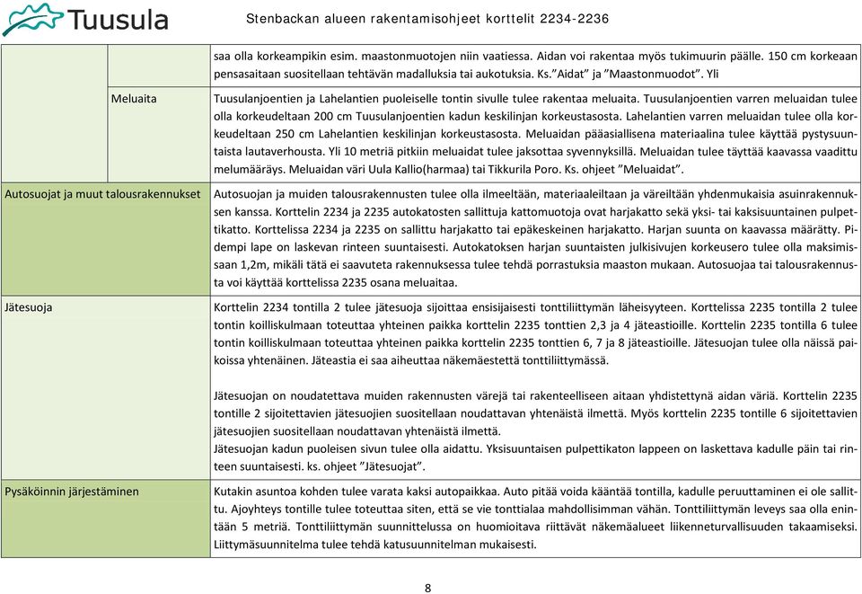 Tuusulanjoentien varren meluaidan tulee olla korkeudeltaan 200 cm Tuusulanjoentien kadun keskilinjan korkeustasosta.