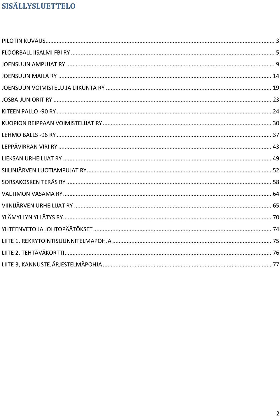 .. 43 LIEKSAN URHEILIJAT RY... 49 SIILINJÄRVEN LUOTIAMPUJAT RY... 52 SORSAKOSKEN TERÄS RY... 58 VALTIMON VASAMA RY... 64 VIINIJÄRVEN URHEILIJAT RY.