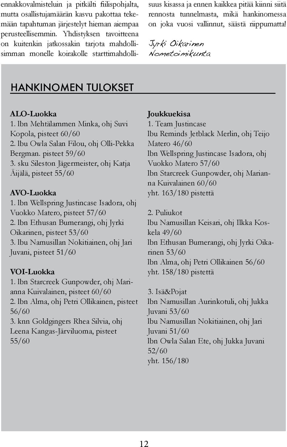 joka vuosi vallinnut, säästä riippumatta! Jyrki Oikarinen Nometoimikunta HANKINOMEN TULOKSET ALO-Luokka 1. lbn Mehtälammen Minka, ohj Suvi Kopola, pisteet 60/60 2.