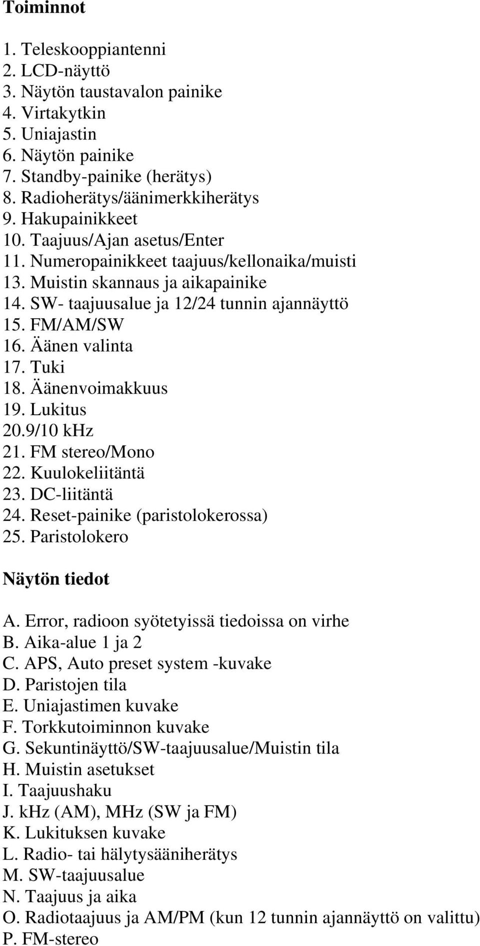 Äänen valinta 17. Tuki 18. Äänenvoimakkuus 19. Lukitus 20.9/10 khz 21. FM stereo/mono 22. Kuulokeliitäntä 23. DC-liitäntä 24. Reset-painike (paristolokerossa) 25. Paristolokero Näytön tiedot A.