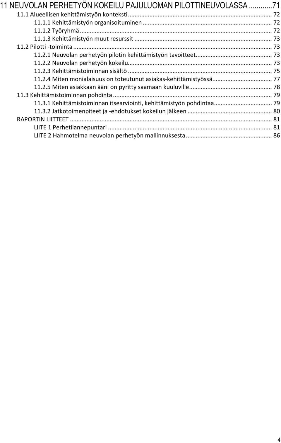 .. 77 11.2.5 Miten asiakkaan ääni on pyritty saamaan kuuluville... 78 11.3 Kehittämistoiminnan pohdinta... 79 11.3.1 Kehittämistoiminnan itsearviointi, kehittämistyön pohdintaa... 79 11.3.2 Jatkotoimenpiteet ja -ehdotukset kokeilun jälkeen.