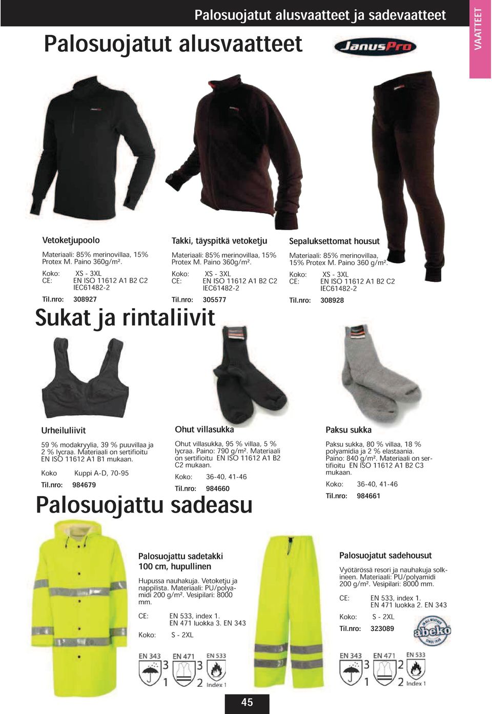 Paino 360 CE: - 3XL IEC6482-2 62 A B2 C2 Til.nro: 308928 Urheiluliivit 59 modakryylia, 39 puuvillaa ja 2 lycraa. Materiaali on sertifioitu 62 A B mukaan. Koko Kuppi A-D, 70-95 Til.